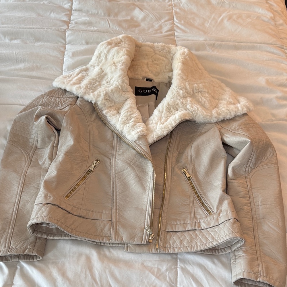 Guess Beige Faux Leather Jacket with Cream Fur Collar